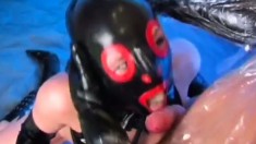 Leashed pet clad in latex lingerie gets fucked by her master