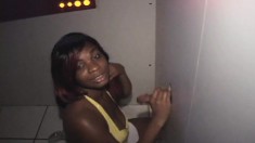 Nasty ebony babe gets all her holes filled with cum at the gloryhole